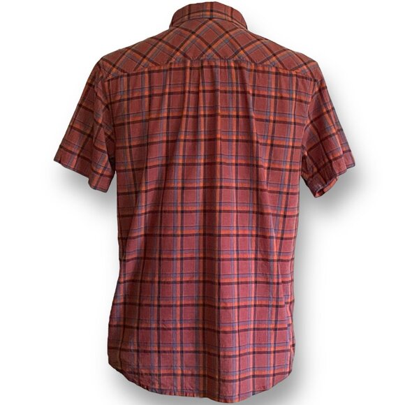Prana Mens Shirt Sz Large Brown Blue Plaid Slim Fit Short Sleeve Organic Cotton - Picture 6 of 8